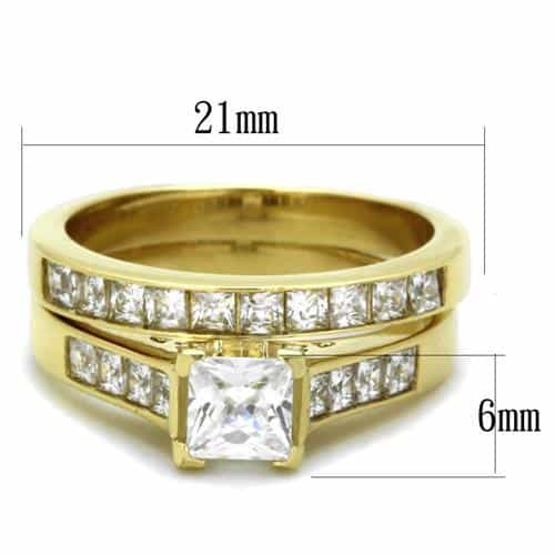 Stainless Steel Gold IP Princess CZ Channel Bridal Set Ring view 2