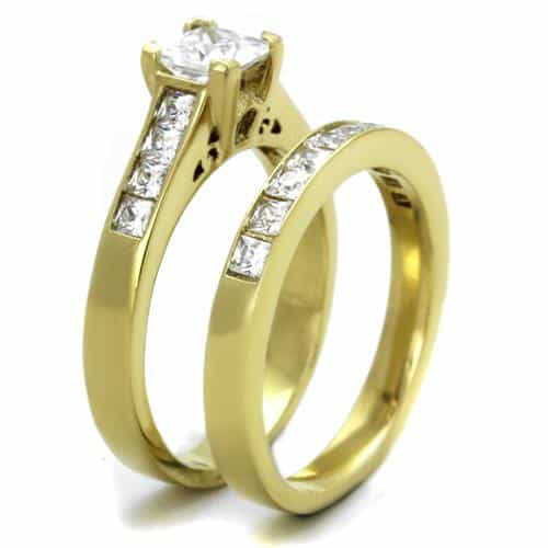 Stainless Steel Gold IP Princess CZ Channel Bridal Set Ring view 8