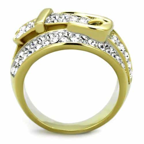 Stainless Steel Gold IP CZ Pave Buckle Belt Wrap Ring view 3