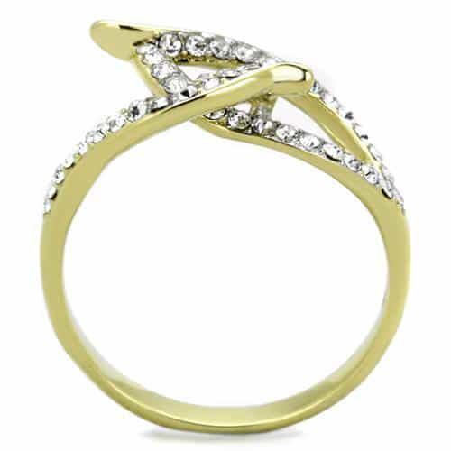 Stainless Steel Gold IP CZ Leaf Crossover Open Ring view 3