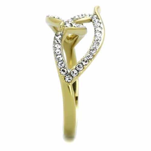 Stainless Steel Gold IP CZ Leaf Crossover Open Ring view 4
