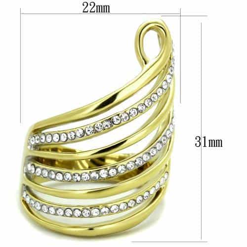 Stainless Steel Gold IP CZ Multi Wave Fan Open Ring view 6