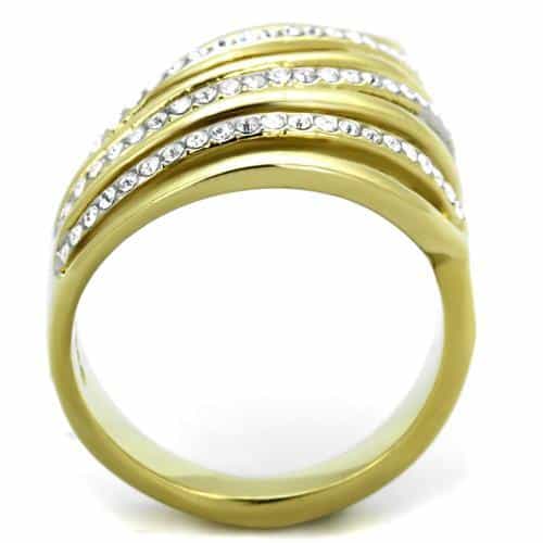 Stainless Steel Gold IP CZ Multi Wave Fan Open Ring view 3