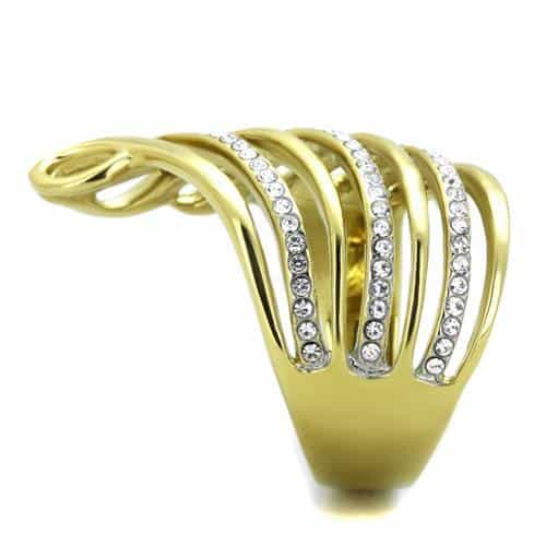 Stainless Steel Gold IP CZ Multi Wave Fan Open Ring view 8
