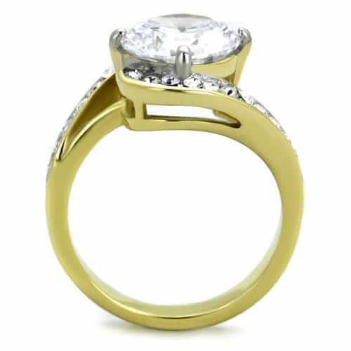 Stainless Steel Gold IP CZ Round Bypass Swirl Ring view 3