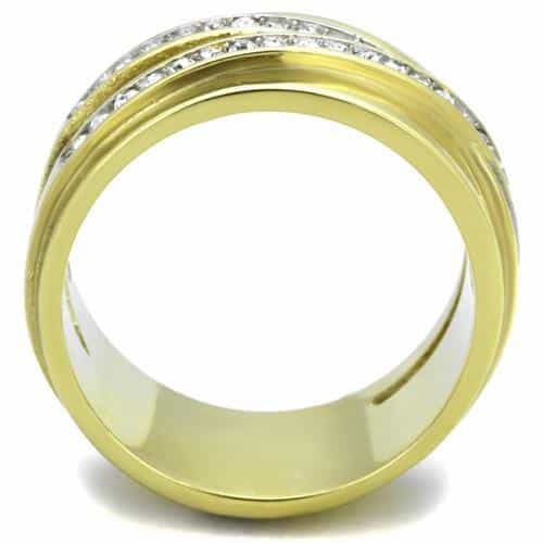 Stainless Steel Gold IP Smooth Crossover CZ Channel Wide Ring view 7