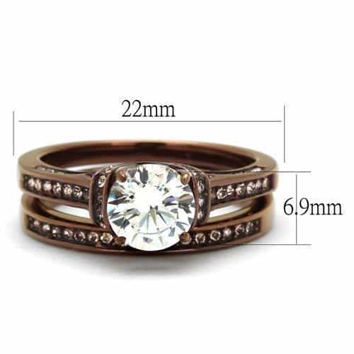 Stainless Steel Coffee IP CZ Round Halo Bridal Set Ring view 7