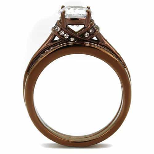 Stainless Steel Coffee IP CZ Round Halo Bridal Set Ring view 8