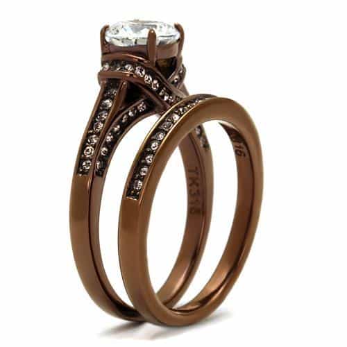Stainless Steel Coffee IP CZ Round Halo Bridal Set Ring view 4
