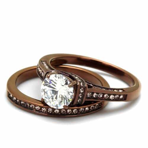 Stainless Steel Coffee IP CZ Round Halo Bridal Set Ring view 10