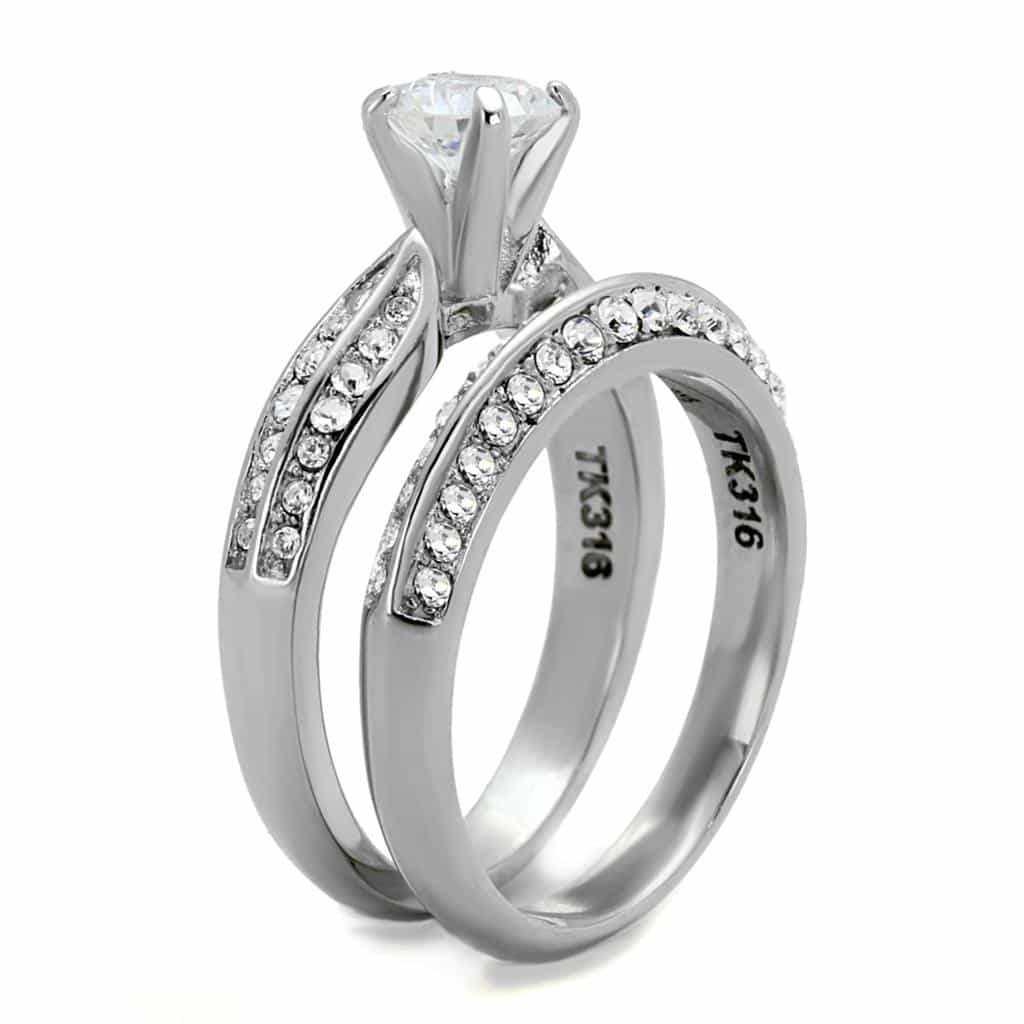 Stainless Steel CZ Wide Pave Three Ring Bridal Set view 8