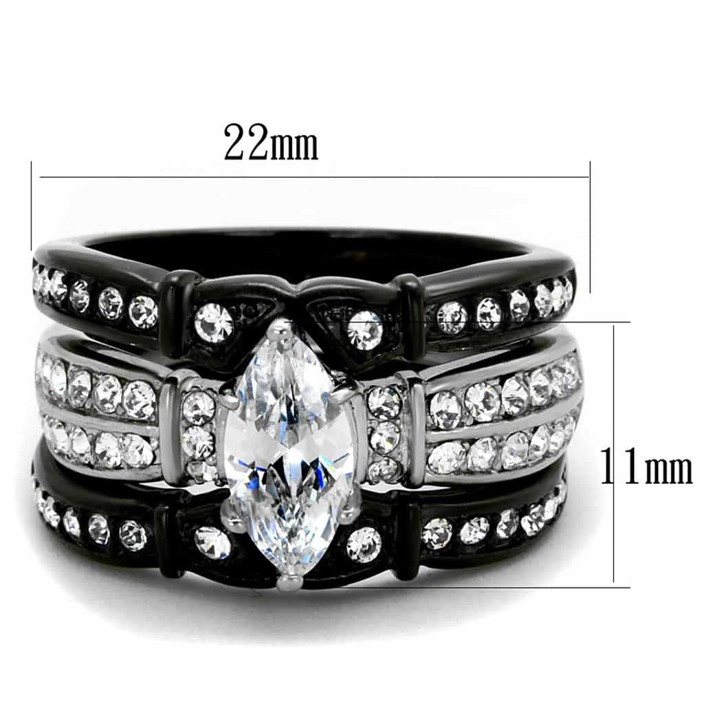 Stainless Steel CZ Marquise Black IP Zigzag Bridal Set Ring view 2