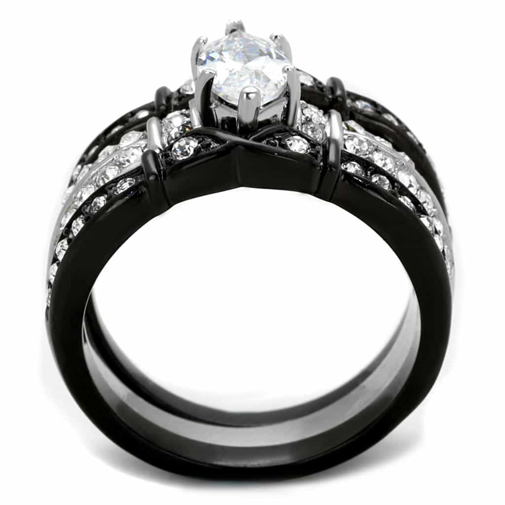 Stainless Steel CZ Marquise Black IP Zigzag Bridal Set Ring view 3