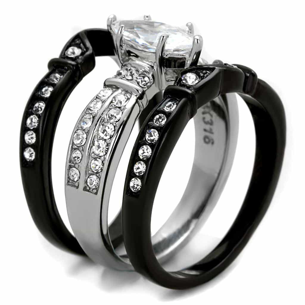 Stainless Steel CZ Marquise Black IP Zigzag Bridal Set Ring view 4