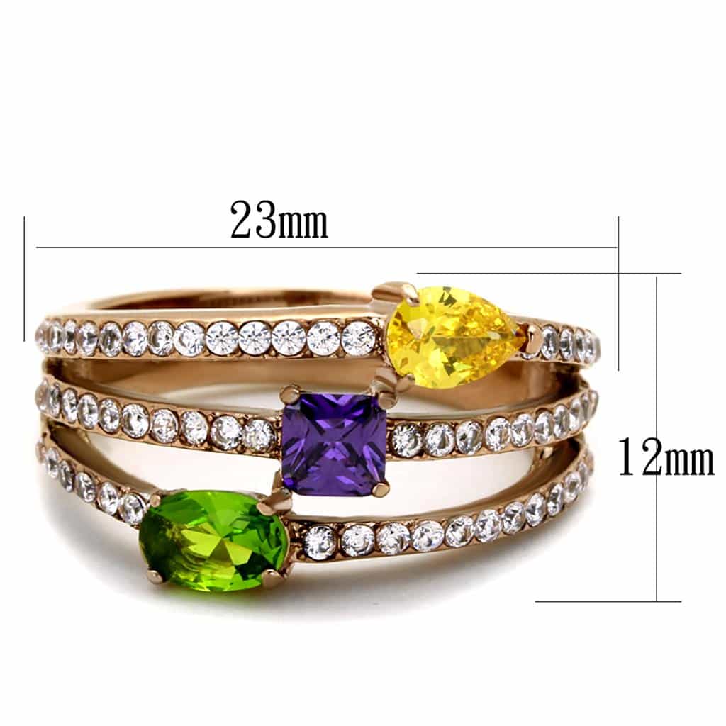 Stainless Steel Rose Gold Multi Color Stone Triple Row Pave Ring view 2