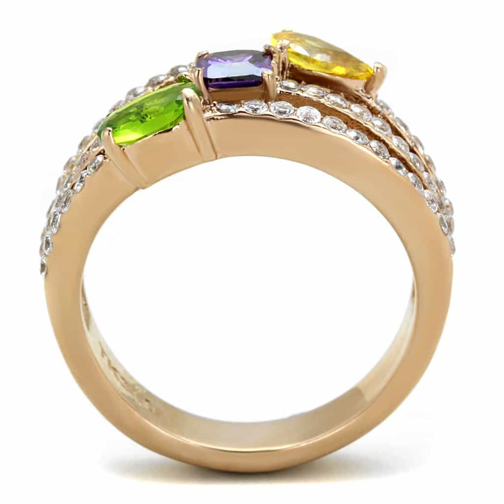 Stainless Steel Rose Gold Multi Color Stone Triple Row Pave Ring view 3