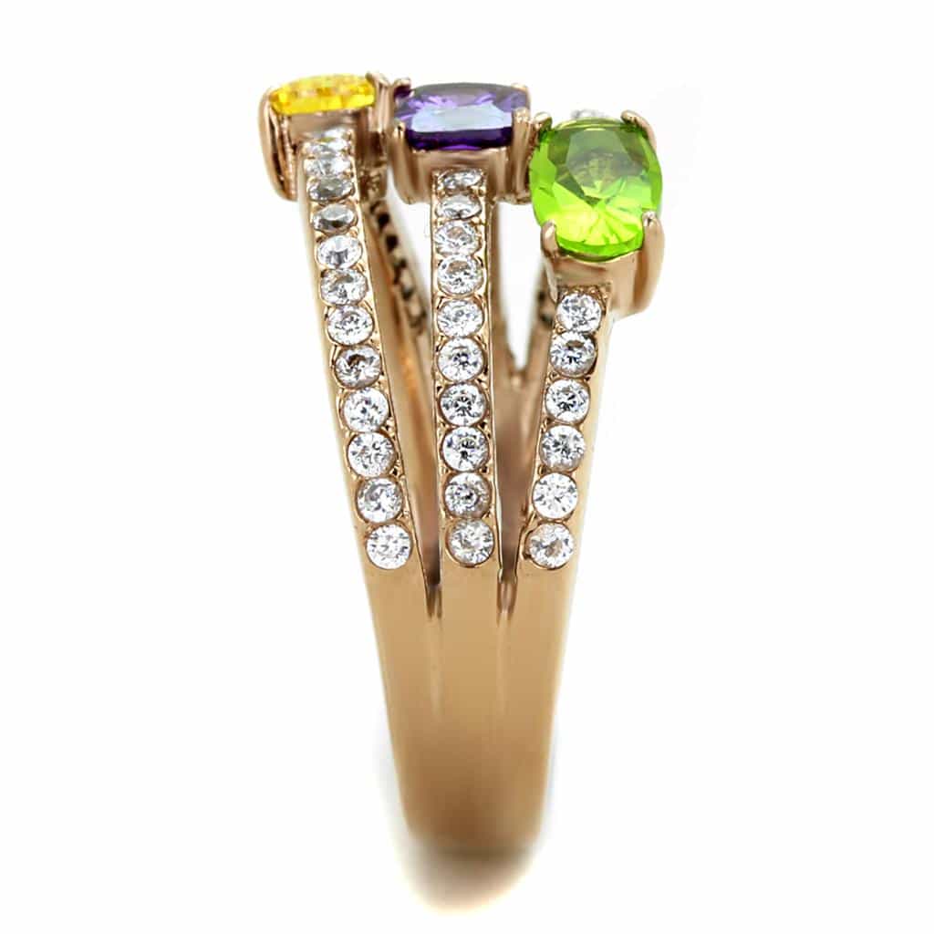 Stainless Steel Rose Gold Multi Color Stone Triple Row Pave Ring view 4