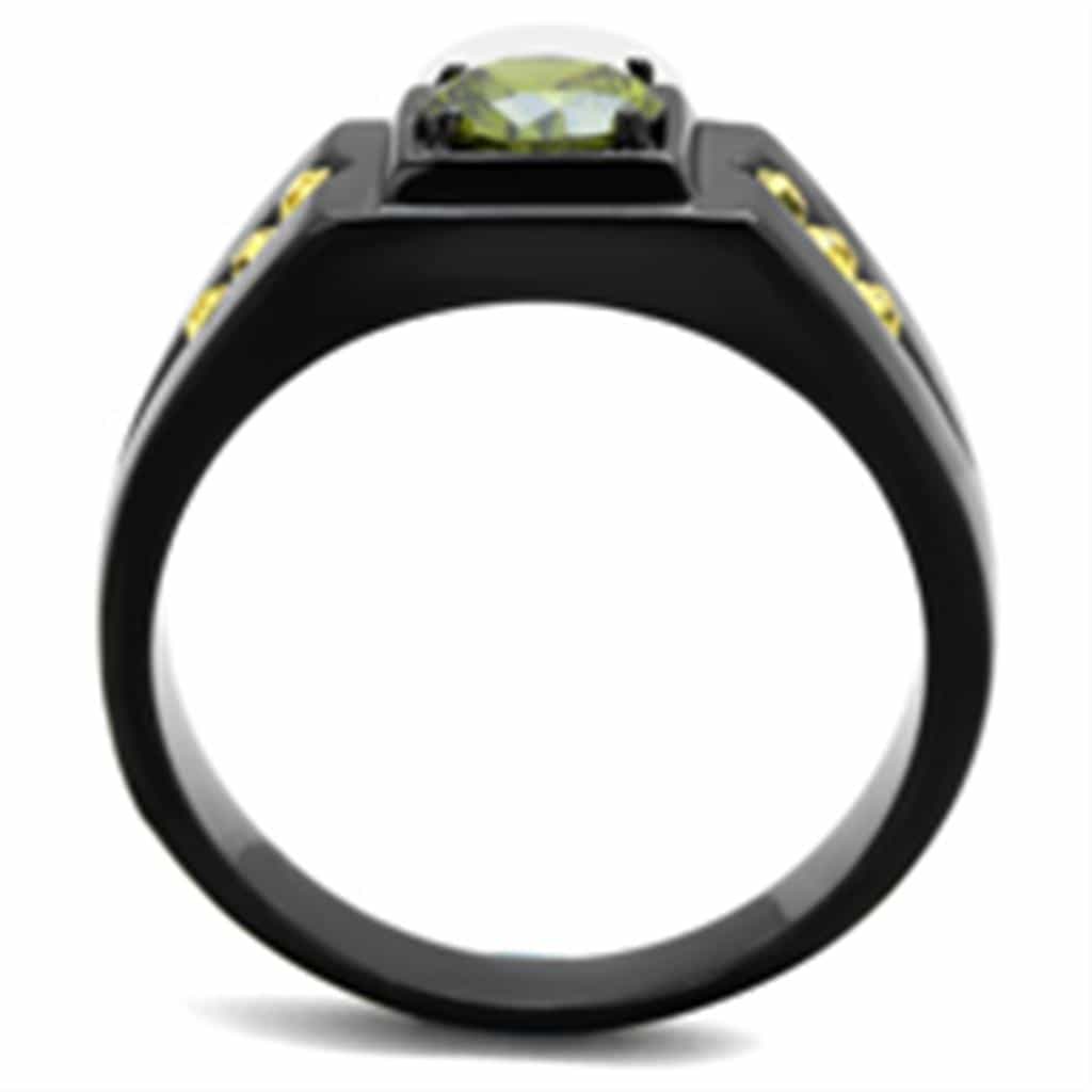 Stainless Steel Black IP Peridot Green CZ Yellow Accent Mens Ring view 3