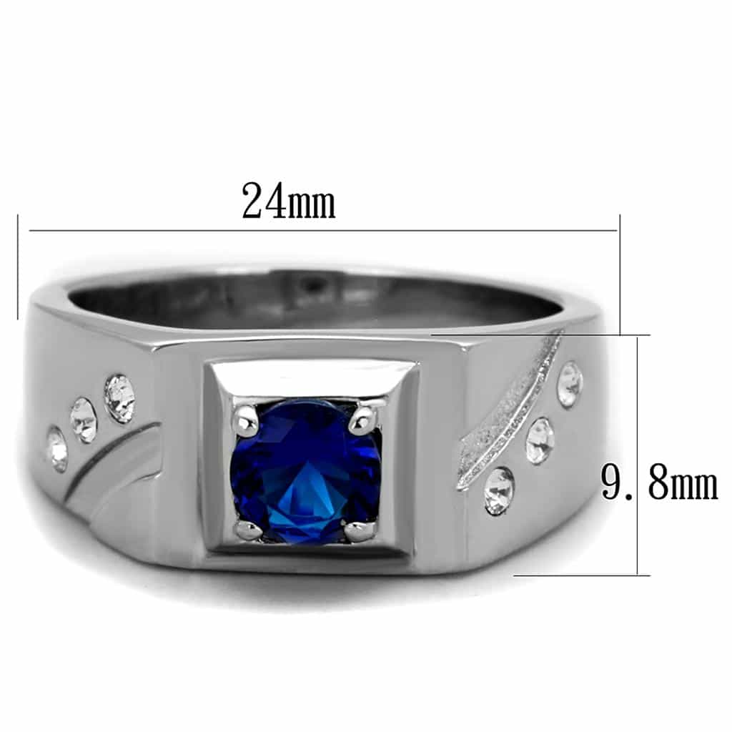 Stainless Steel Blue Sapphire Oval Bezel Mens Signet Ring view 2