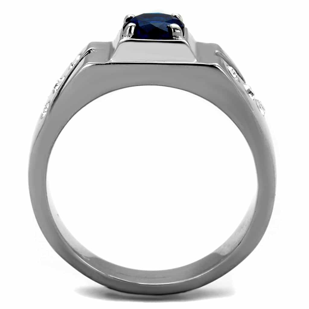 Stainless Steel Blue Sapphire Oval Bezel Mens Signet Ring view 7