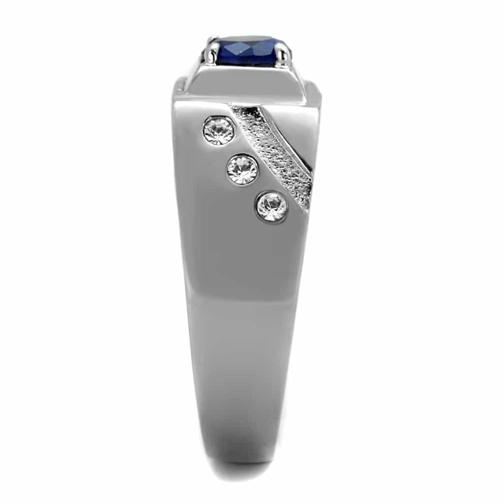 Stainless Steel Blue Sapphire Oval Bezel Mens Signet Ring view 4