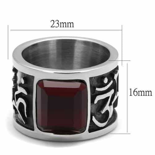 Stainless Steel Dark Red Garnet Emerald Cut Tribal Scroll Ring view 7