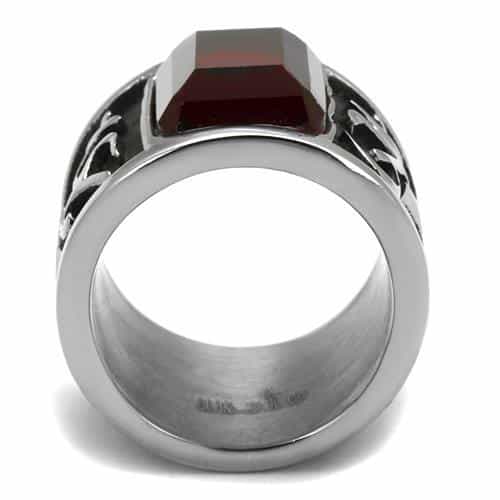 Stainless Steel Dark Red Garnet Emerald Cut Tribal Scroll Ring view 8