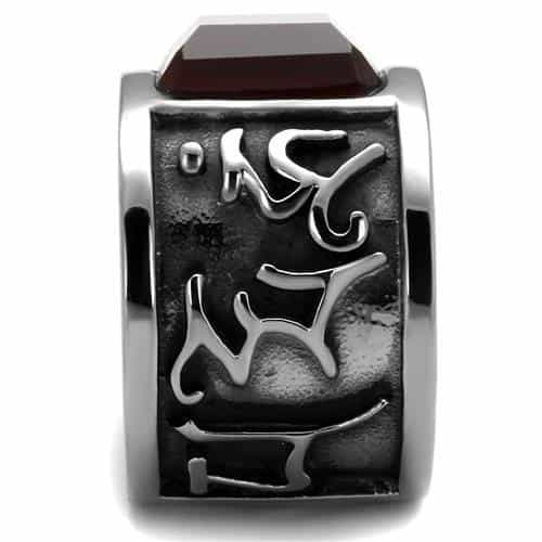 Stainless Steel Dark Red Garnet Emerald Cut Tribal Scroll Ring view 9