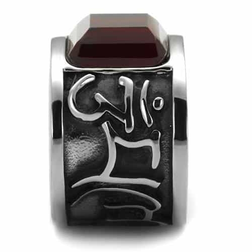 Stainless Steel Dark Red Garnet Emerald Cut Tribal Scroll Ring view 5