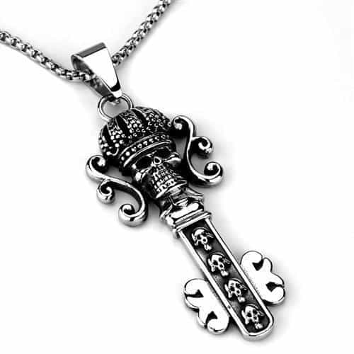 Stainless Steel Ornate Crown Key Skull Pendant Necklace view 3