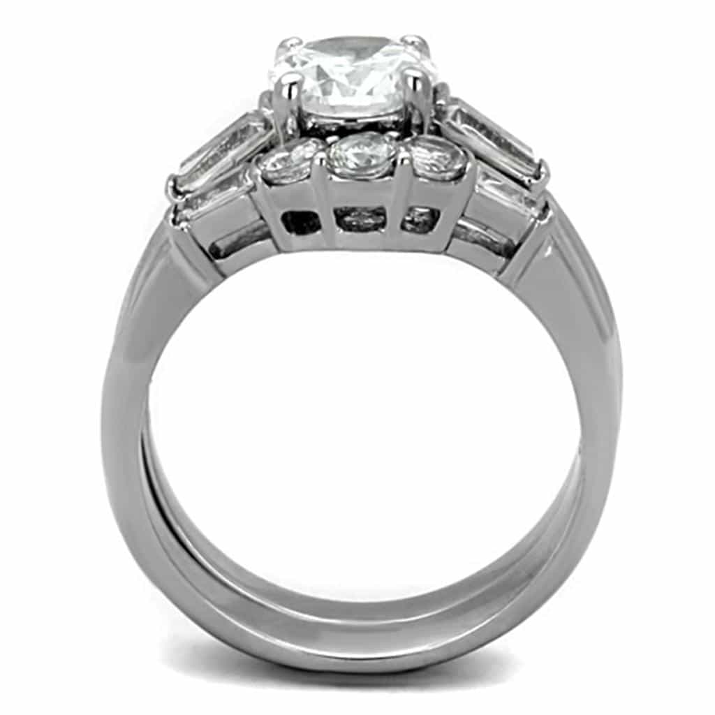 Stainless Steel CZ Round Baguette Side Bridal Set Ring view 7