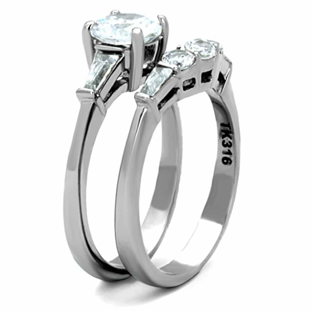 Stainless Steel CZ Round Baguette Side Bridal Set Ring view 8