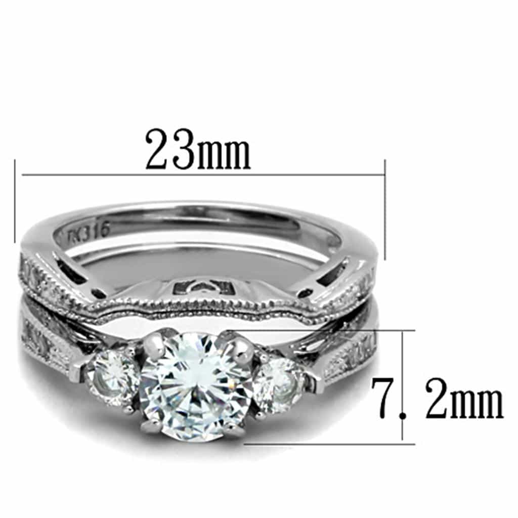 Stainless Steel CZ Round Three Stone Filigree Bridal Set Ring view 6