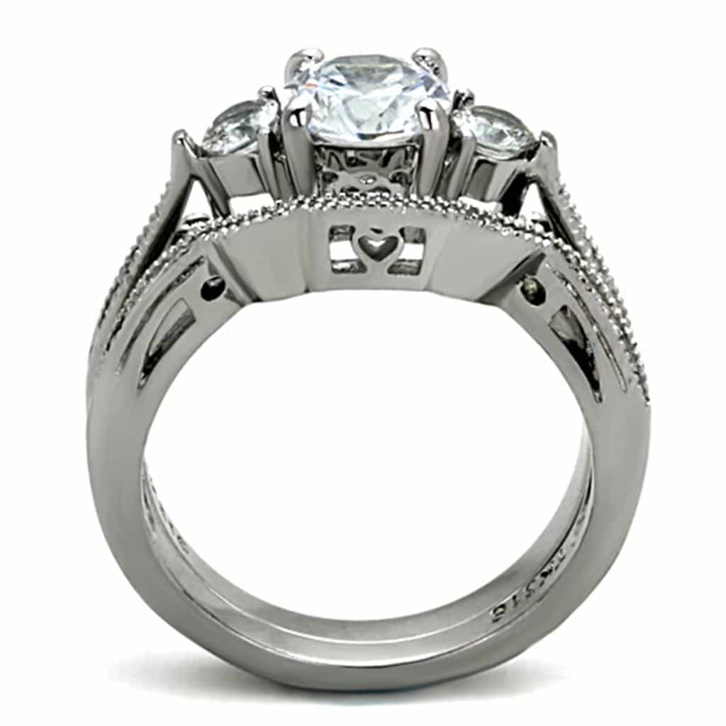Stainless Steel CZ Round Three Stone Filigree Bridal Set Ring view 3