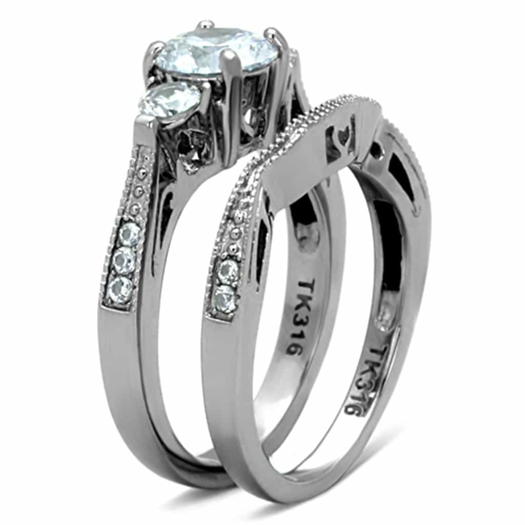 Stainless Steel CZ Round Three Stone Filigree Bridal Set Ring view 8
