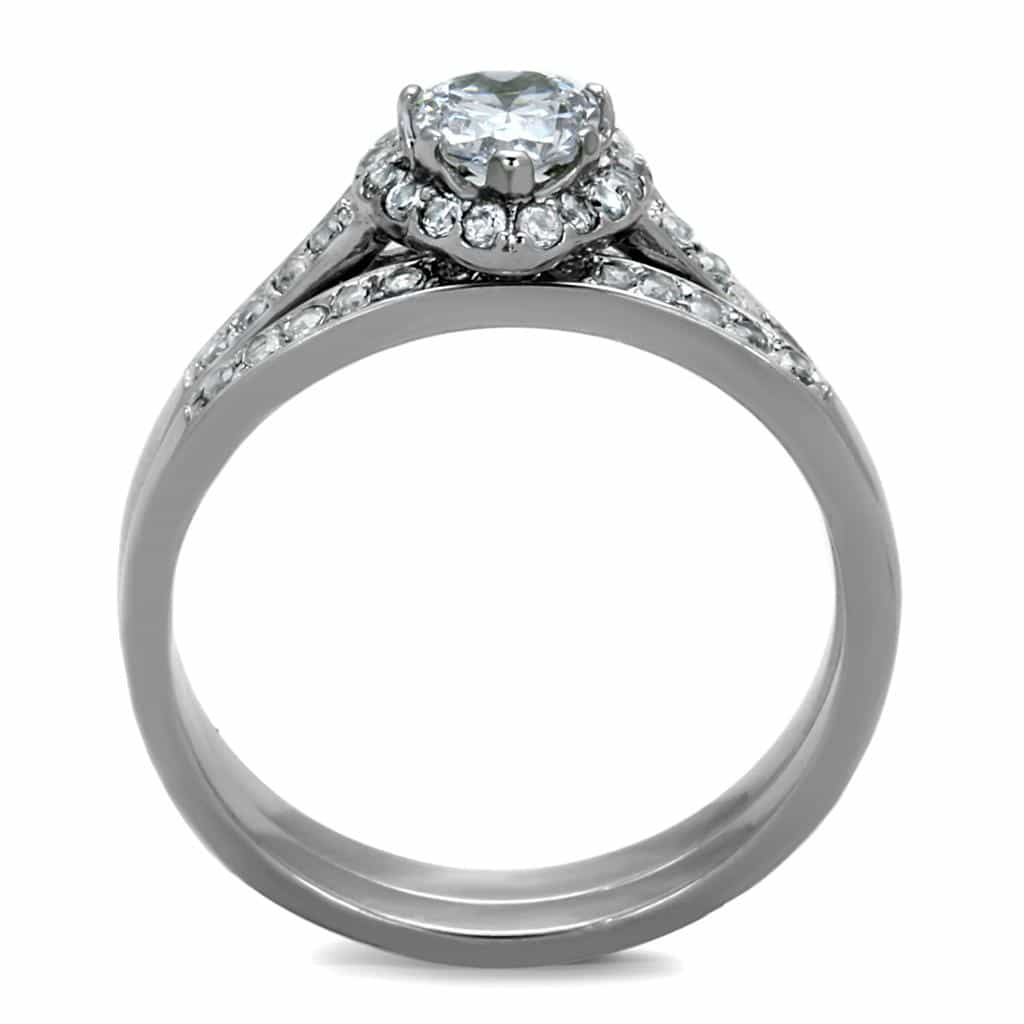 Stainless Steel CZ Heart Halo Pave Bridal Set Ring view 3