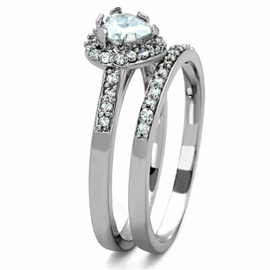 Stainless Steel CZ Heart Halo Pave Bridal Set Ring view 8