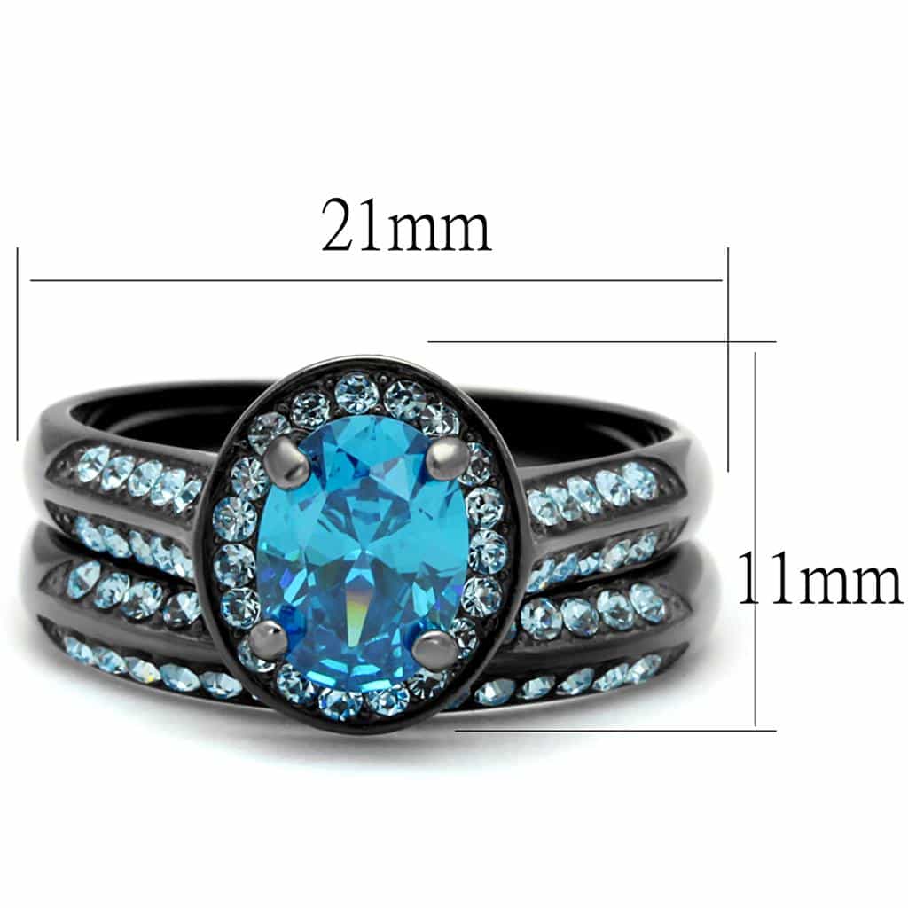 Stainless Steel Aqua Blue Oval CZ Halo Black IP Bridal Set Ring view 7