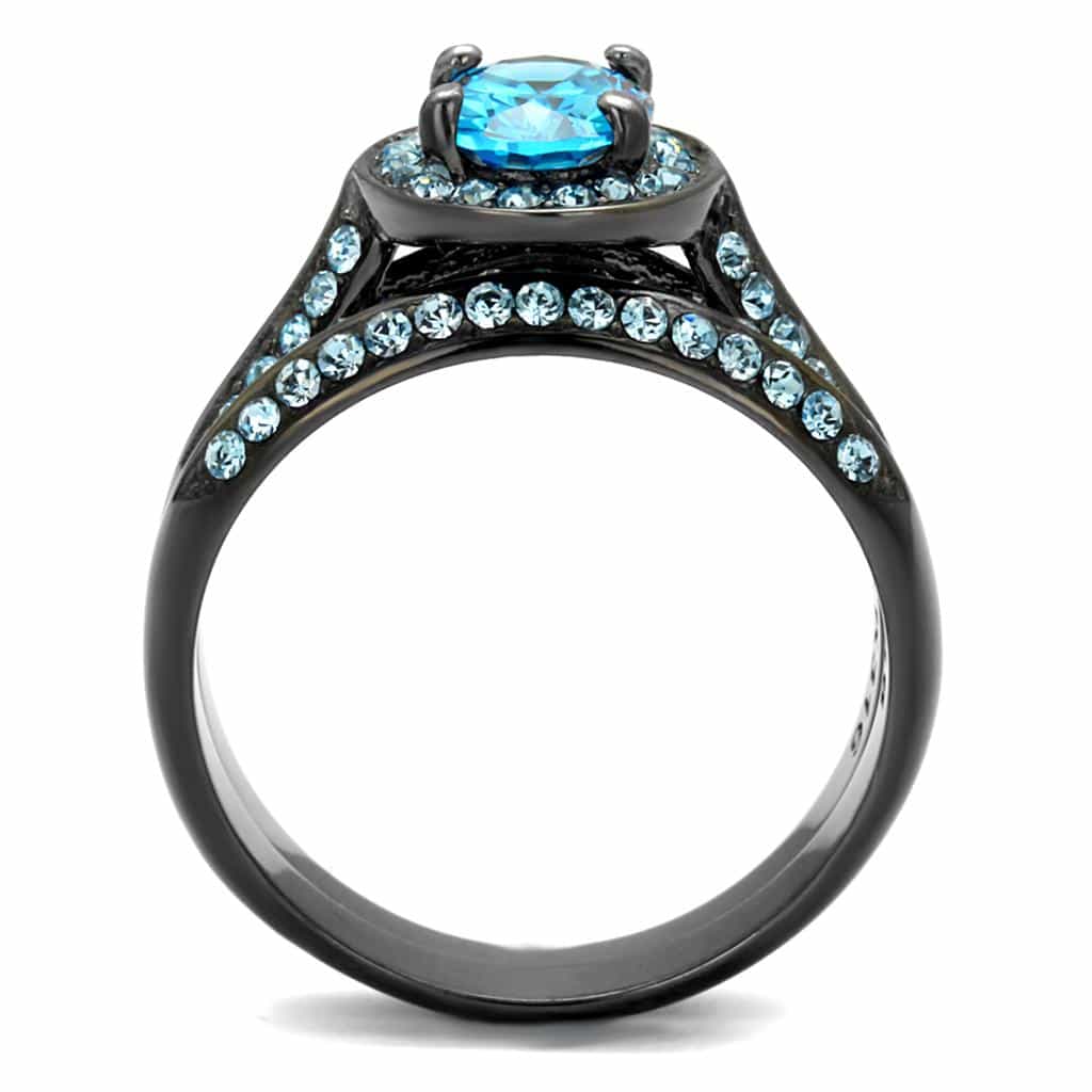 Stainless Steel Aqua Blue Oval CZ Halo Black IP Bridal Set Ring view 8
