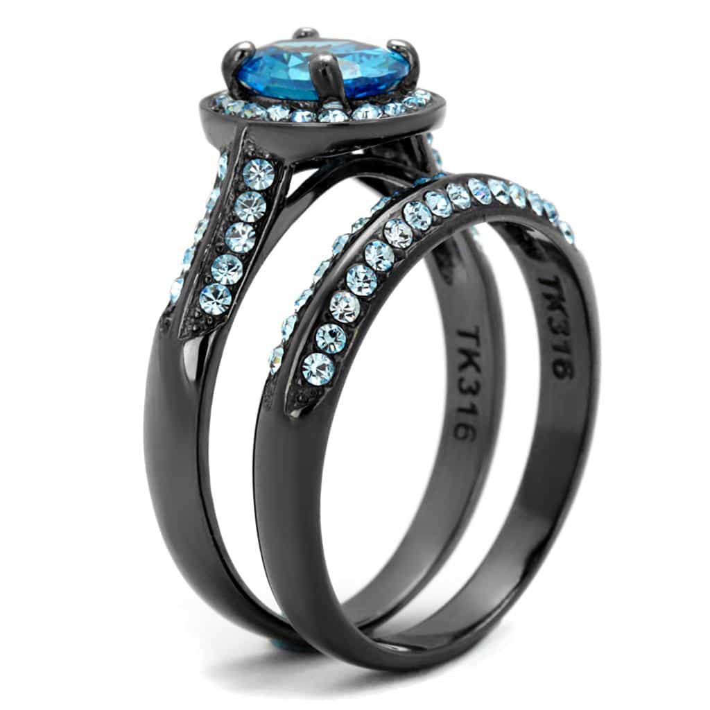 Stainless Steel Aqua Blue Oval CZ Halo Black IP Bridal Set Ring view 9