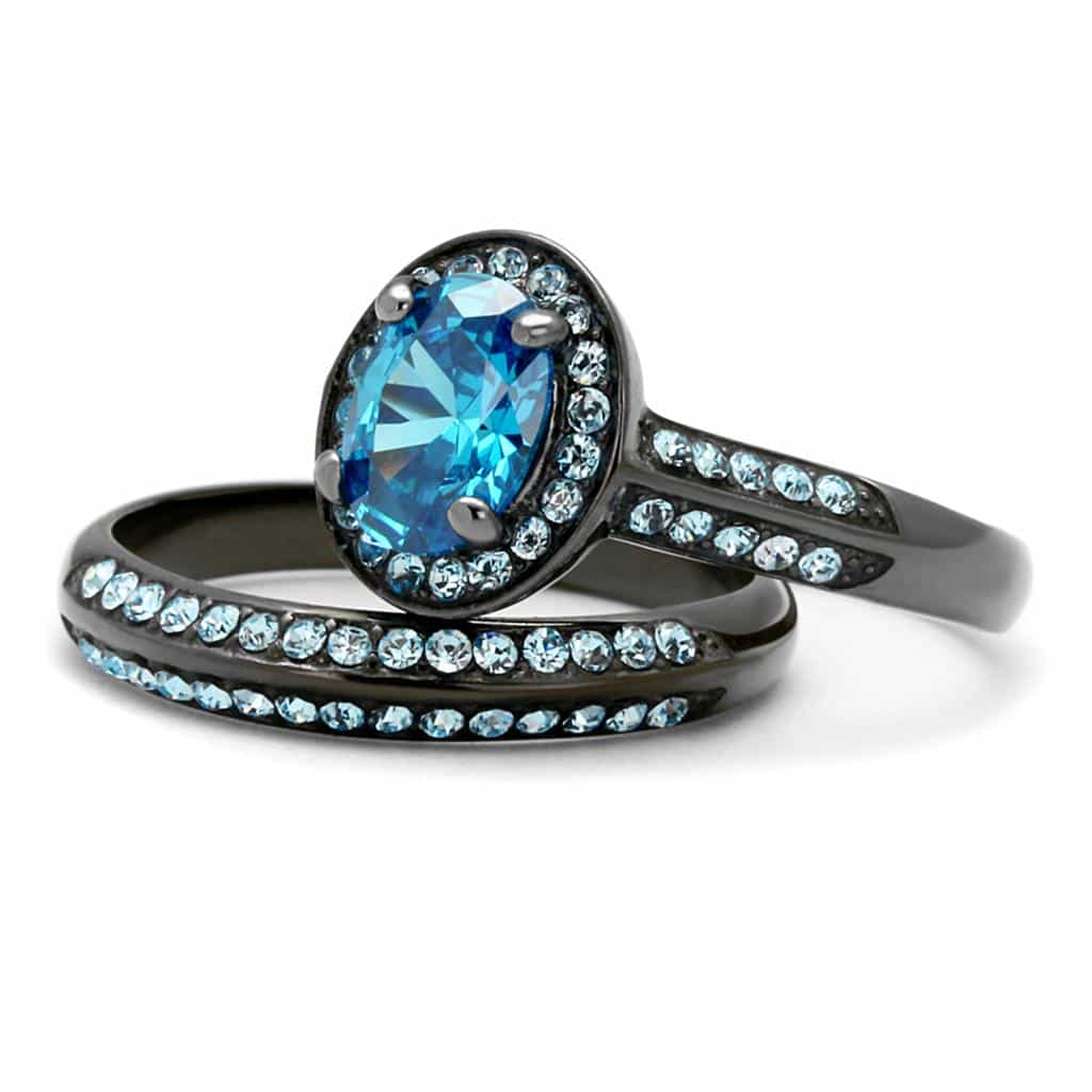 Stainless Steel Aqua Blue Oval CZ Halo Black IP Bridal Set Ring view 10