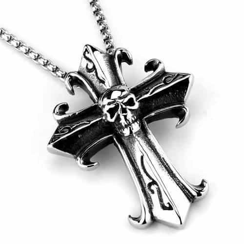 Stainless Steel Skull Gothic Cross Pendant Necklace view 3