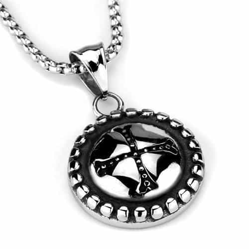 Stainless Steel Beaded Cross Circle Medallion Pendant Necklace view 3