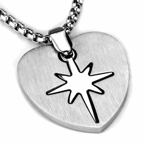 Stainless Steel Heart Starburst Compass Pendant Necklace view 3