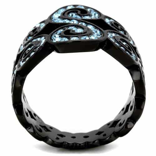 Stainless Steel Black IP Light Blue CZ Swirl Dome Ring view 3