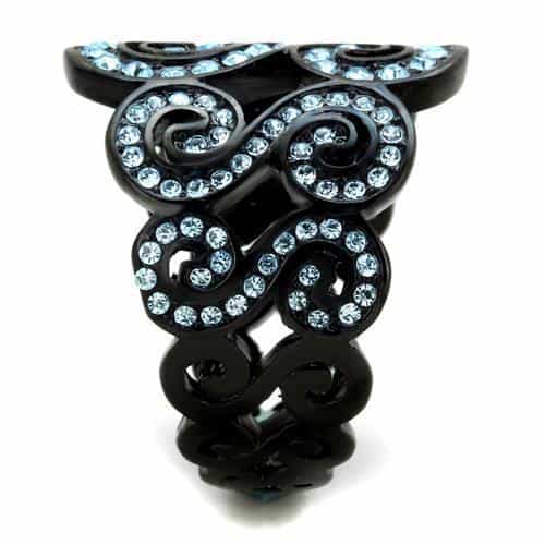 Stainless Steel Black IP Light Blue CZ Swirl Dome Ring view 4