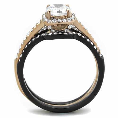 Stainless Steel Two Tone Rose Gold CZ Halo Pink Channel Ring view 7