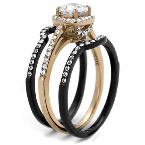 Stainless Steel Two Tone Rose Gold CZ Halo Pink Channel Ring view 8