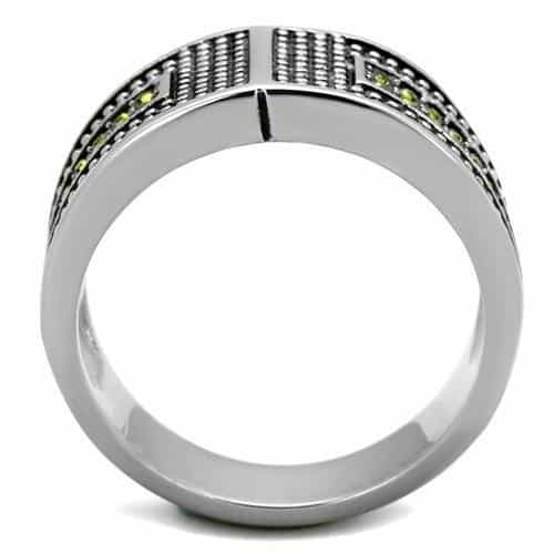 Stainless Steel Olive Green CZ Grid Panel Wide Mens Band Ring view 3