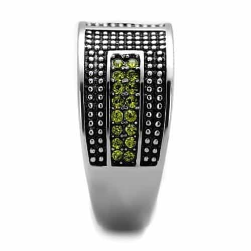 Stainless Steel Olive Green CZ Grid Panel Wide Mens Band Ring view 4